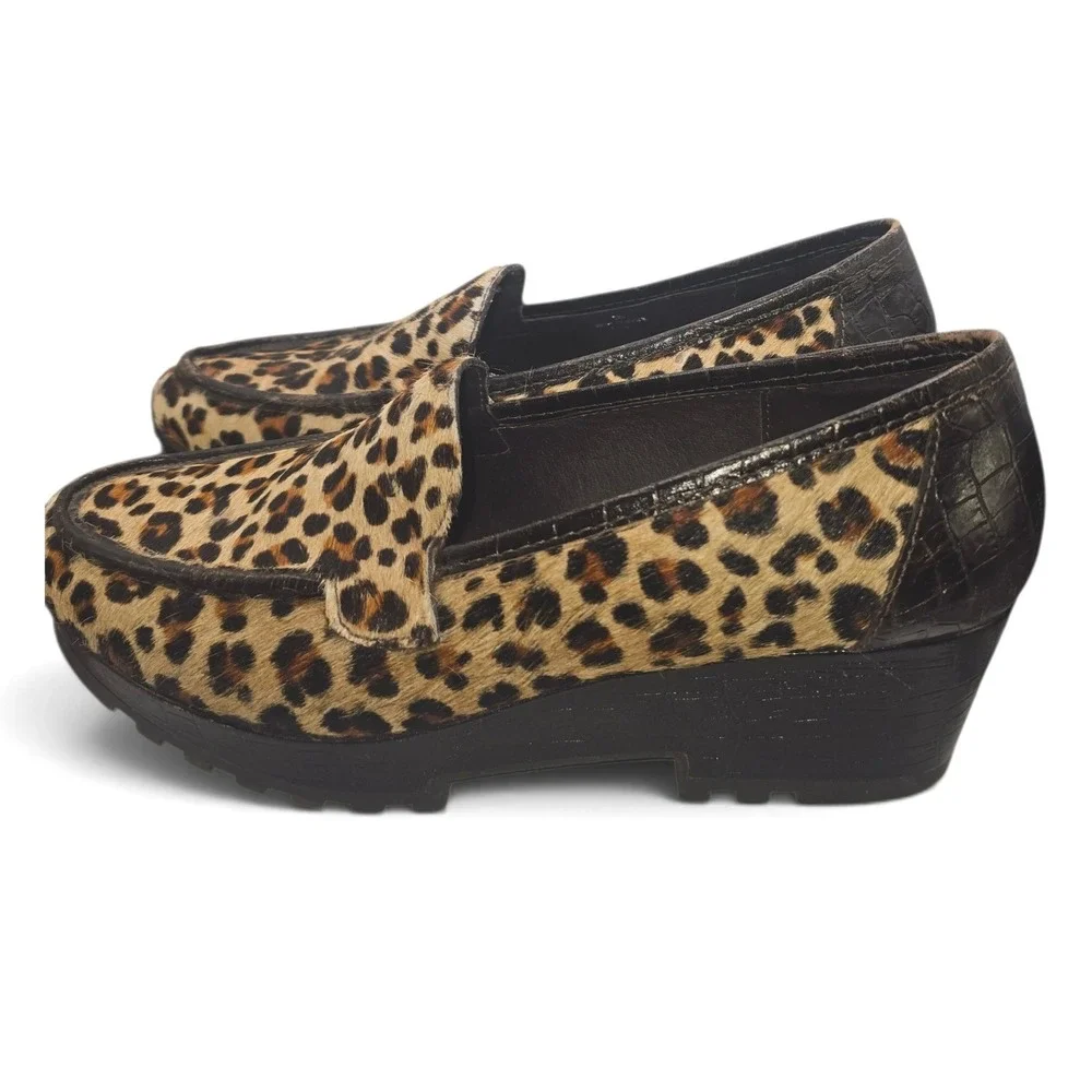Donald J Pliner Leopard Calf Hair Platform Loafers Croc Heel Brazil Womens 10